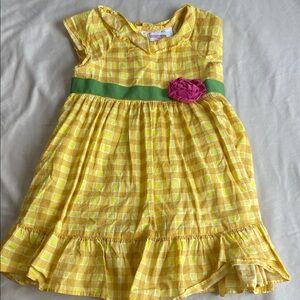 Charming Yellow Checkered Kids Dress with Green Band and Pink Flower